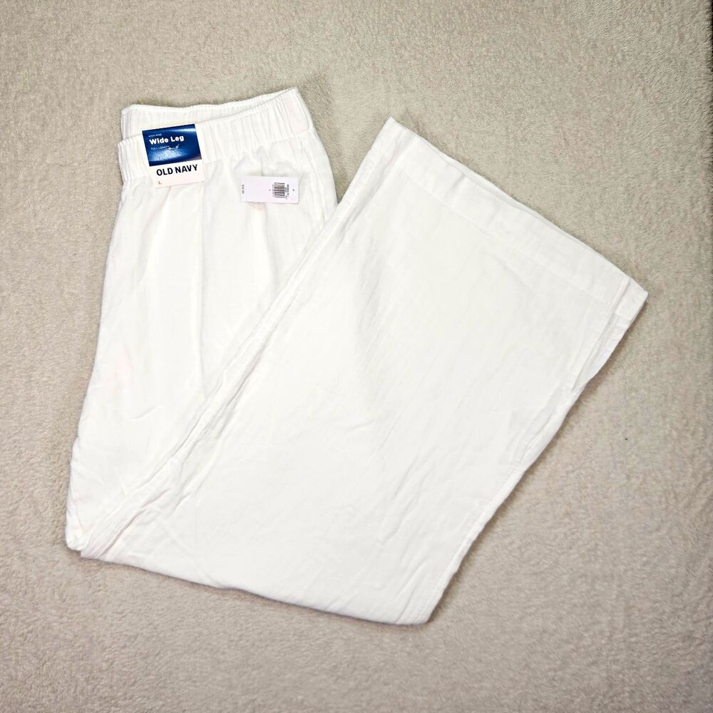 Old Navy Women's L Wide Leg Pants High Rise White Cotton Pockets Elastic Waist